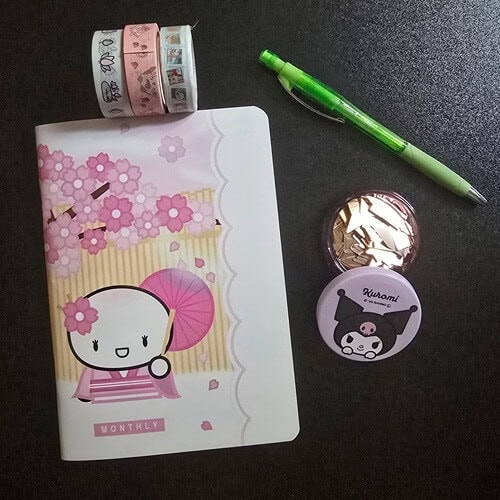 wonton in a million planner, washi tape, mechanical pencil, book darts in kuromi container on black background